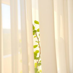 A plant partially veiled behind a sheer, flowing curtain, allowing soft, diffused light to filter through