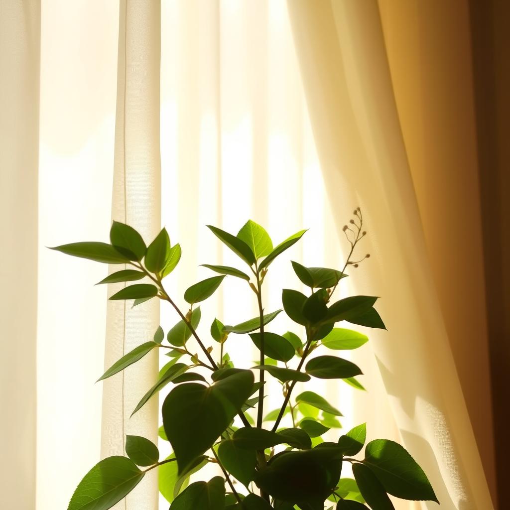 A plant partially veiled behind a sheer, flowing curtain, allowing soft, diffused light to filter through