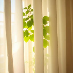 A plant partially veiled behind a sheer, flowing curtain, allowing soft, diffused light to filter through