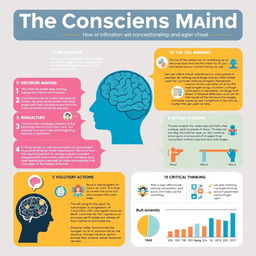 An informative and visually engaging infographic about the conscious mind, showcasing its key features, functions, and comparisons with the subconscious mind