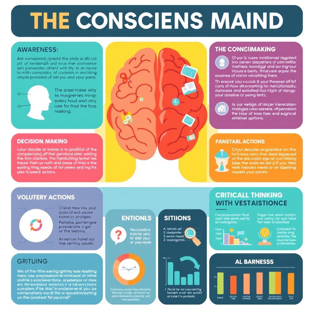 An informative and visually engaging infographic about the conscious mind, showcasing its key features, functions, and comparisons with the subconscious mind