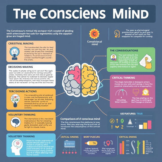 An informative and visually engaging infographic about the conscious mind, showcasing its key features, functions, and comparisons with the subconscious mind