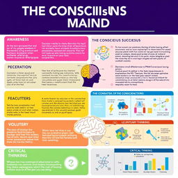 An informative and visually engaging infographic about the conscious mind, showcasing its key features, functions, and comparisons with the subconscious mind