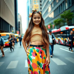 A stunning young girl standing confidently on a busy city street, wearing a stylish outfit with a vibrant skirt and a trendy crop top