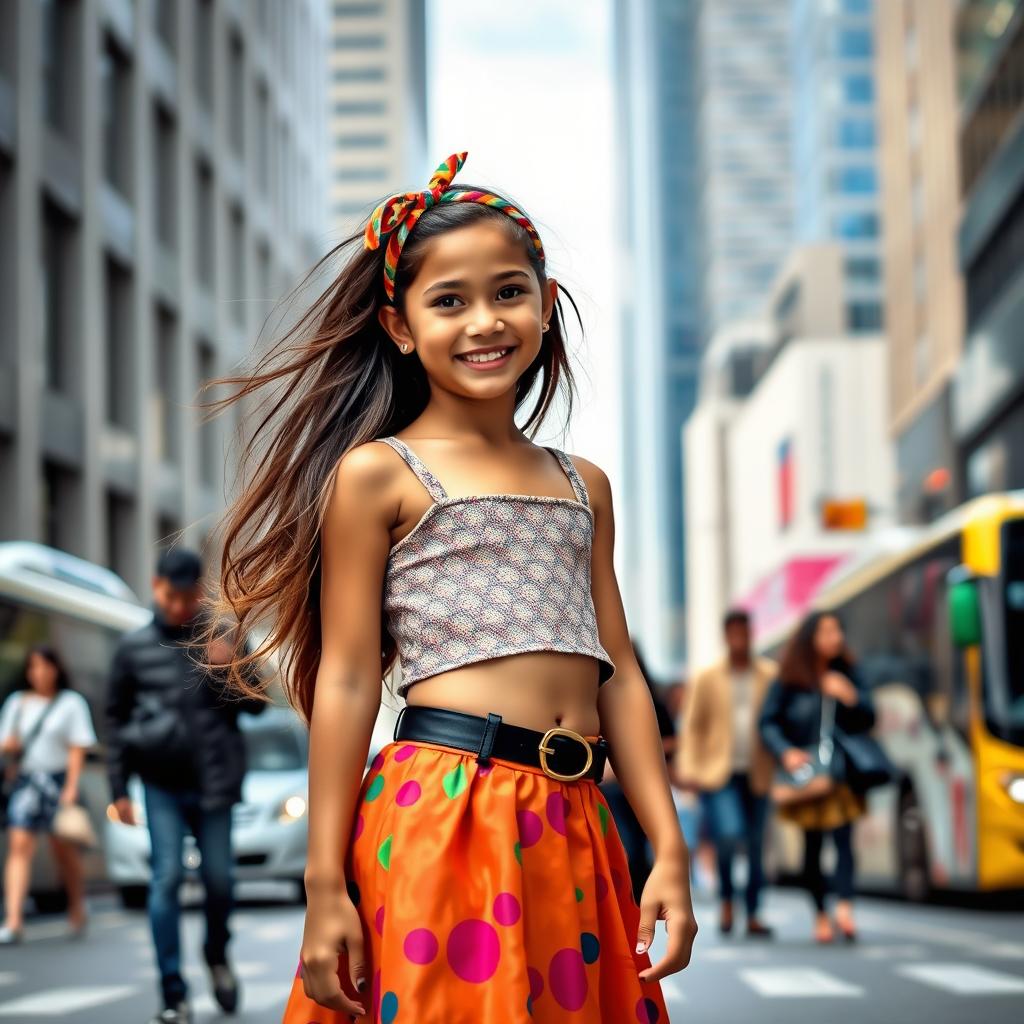 A stunning young girl standing confidently on a busy city street, wearing a stylish outfit with a vibrant skirt and a trendy crop top