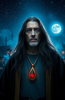A middle-aged wizard with long black hair stands under a night sky filled with stars and a glowing moon