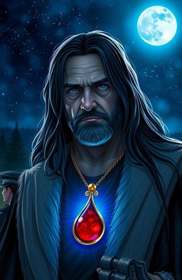 A middle-aged wizard with long black hair stands under a night sky filled with stars and a glowing moon