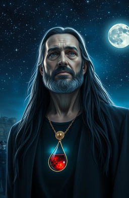 A middle-aged wizard with long black hair stands under a night sky filled with stars and a glowing moon