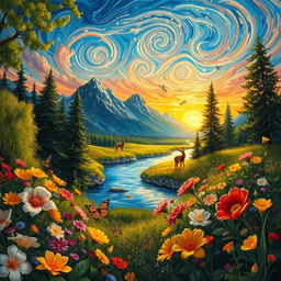 A stunning and intricate artwork featuring an ethereal landscape filled with blooming flowers in vibrant colors, lush green trees, and a serene river flowing gently through the scene