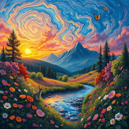 A stunning and intricate artwork featuring an ethereal landscape filled with blooming flowers in vibrant colors, lush green trees, and a serene river flowing gently through the scene