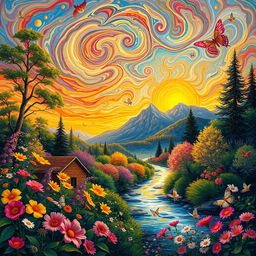 A stunning and intricate artwork featuring an ethereal landscape filled with blooming flowers in vibrant colors, lush green trees, and a serene river flowing gently through the scene