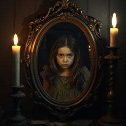 A spooky old mirror reflecting a girl, who is gazing intently into it
