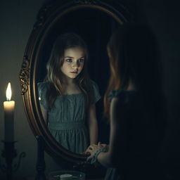 A spooky old mirror reflecting a girl, who is gazing intently into it