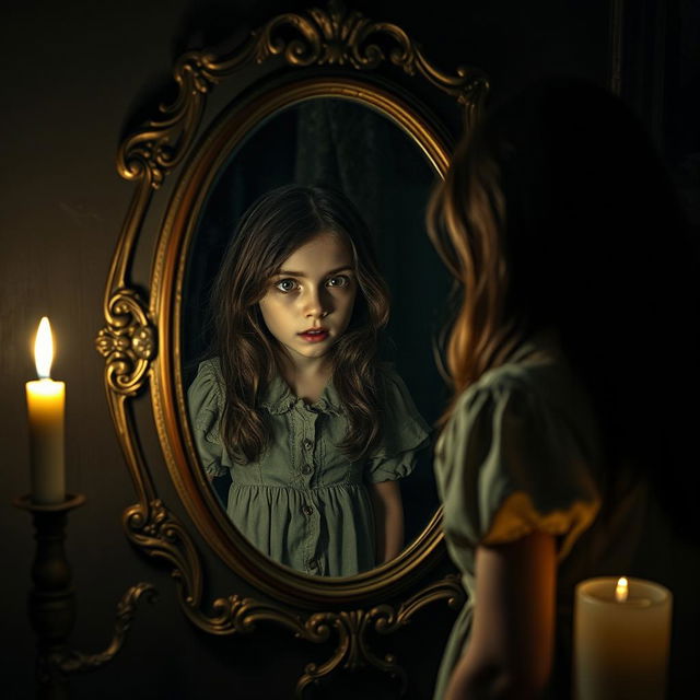 A spooky old mirror reflecting a girl, who is gazing intently into it