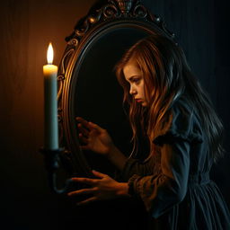 A spooky old mirror reflecting a girl, who is gazing intently into it