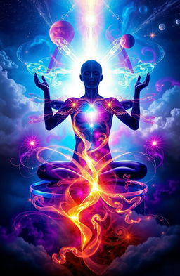 A colorful and mystical representation of the concept of the human body's transcendence, blending elements of spirituality and physicality
