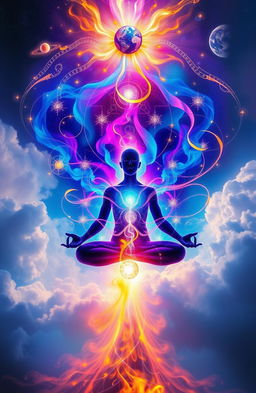 A colorful and mystical representation of the concept of the human body's transcendence, blending elements of spirituality and physicality