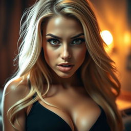 A beautiful, sexy blonde woman with brown eyes biting her lower lip, giving an alluring and seductive expression