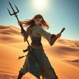 A female Half-Elf Monk fighter wielding a trident in a striking pose within a vast desert landscape