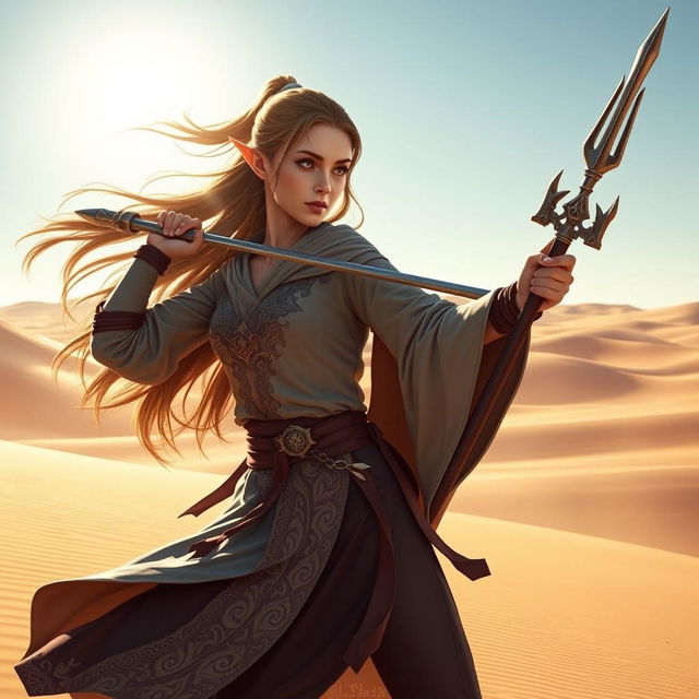 A female Half-Elf Monk fighter wielding a trident in a striking pose within a vast desert landscape