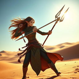 A female Half-Elf Monk fighter wielding a trident in a striking pose within a vast desert landscape