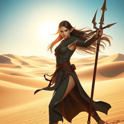 A female Half-Elf Monk fighter wielding a trident in a striking pose within a vast desert landscape