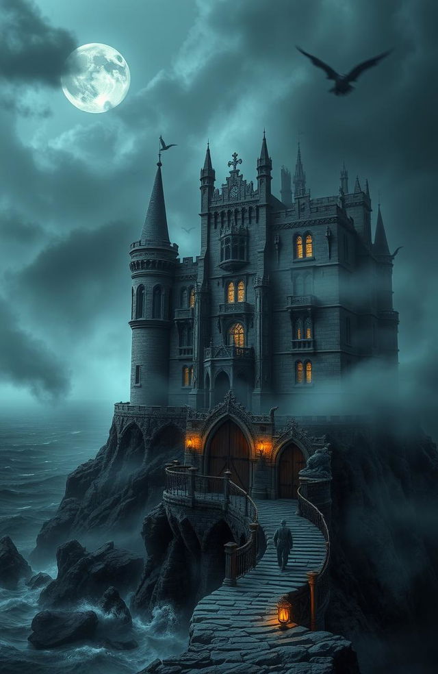 A mysterious and foreboding castle shrouded in mist and dark clouds, towering on a cliff overlooking a turbulent sea