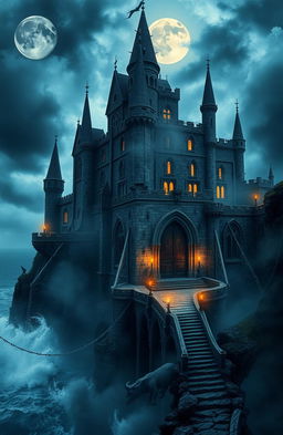A mysterious and foreboding castle shrouded in mist and dark clouds, towering on a cliff overlooking a turbulent sea