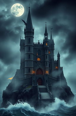 A mysterious and foreboding castle shrouded in mist and dark clouds, towering on a cliff overlooking a turbulent sea