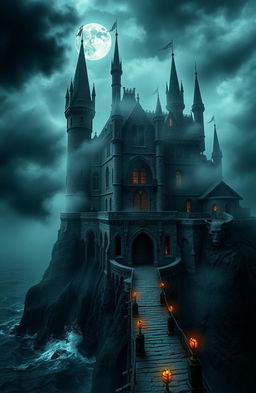 A mysterious and foreboding castle shrouded in mist and dark clouds, towering on a cliff overlooking a turbulent sea