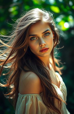 A young woman with a captivating soulful expression, her eyes sparkling with depth and emotion