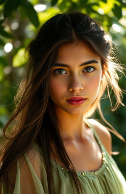 A young woman with a captivating soulful expression, her eyes sparkling with depth and emotion