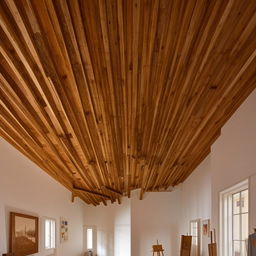 A creative and inspiring art studio inside a museum, characterized by a traditional wooden ceiling.