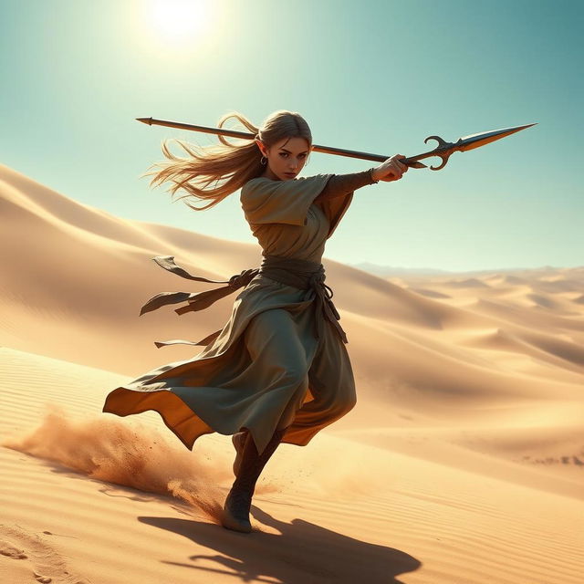 A female Half-Elf Monk fighter skillfully wielding both a Bo Staff and a Trident in a dynamic stance amidst a vast desert landscape