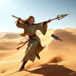 A female Half-Elf Monk fighter skillfully wielding both a Bo Staff and a Trident in a dynamic stance amidst a vast desert landscape