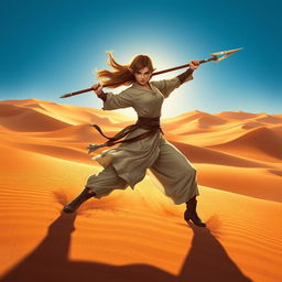 A female Half-Elf Monk fighter skillfully wielding both a Bo Staff and a Trident in a dynamic stance amidst a vast desert landscape