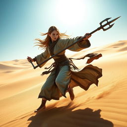 A female Half-Elf Monk fighter skillfully wielding both a Bo Staff and a Trident in a dynamic stance amidst a vast desert landscape