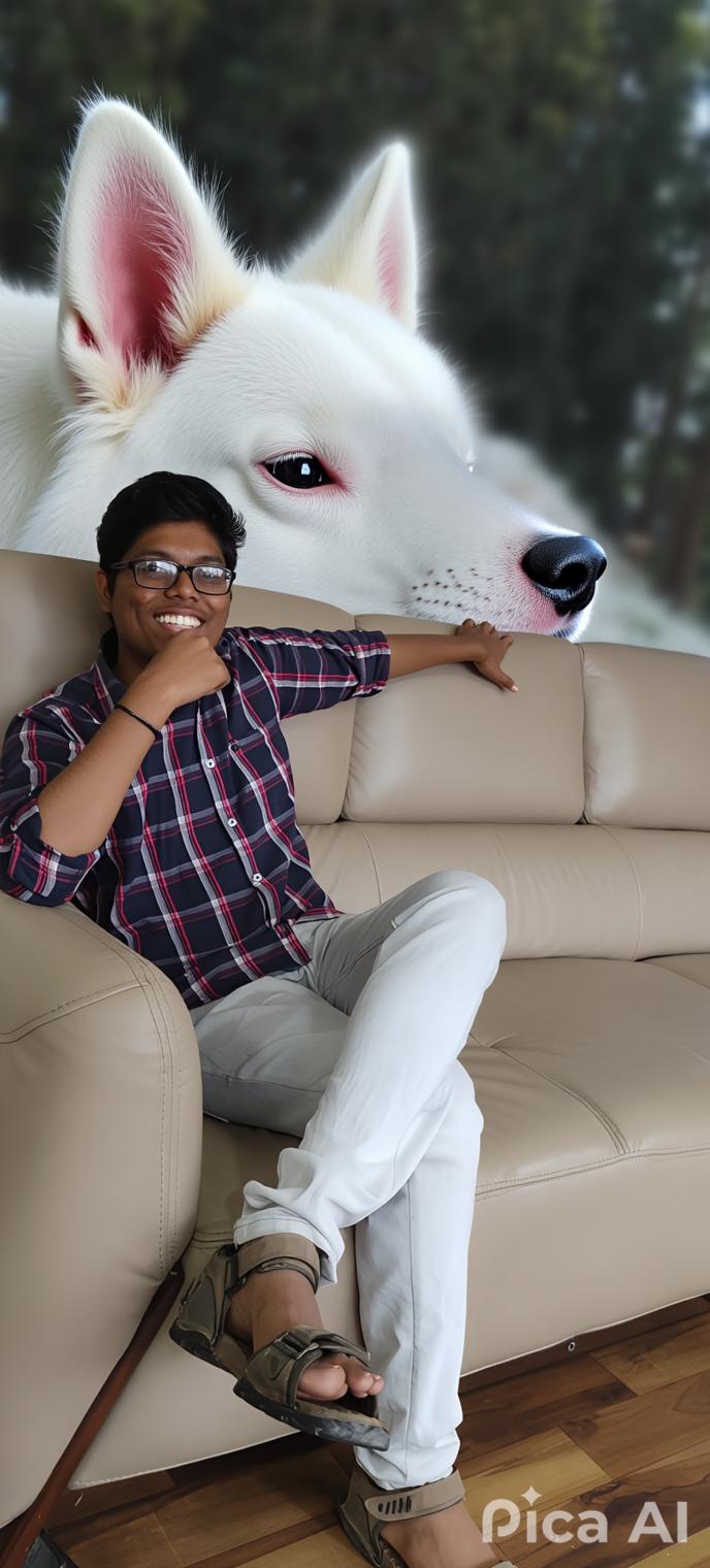 A vibrant office setting with a cheerful young man sitting comfortably on a modern leather sofa