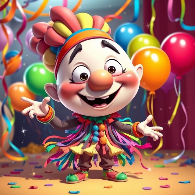 A whimsical cartoon character with a large exaggerated head and a playful expression, wearing a flamboyant costume full of vibrant colors, surrounded by a festive atmosphere with colorful streamers and balloons