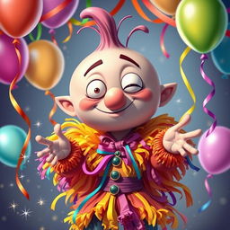 A whimsical cartoon character with a large exaggerated head and a playful expression, wearing a flamboyant costume full of vibrant colors, surrounded by a festive atmosphere with colorful streamers and balloons