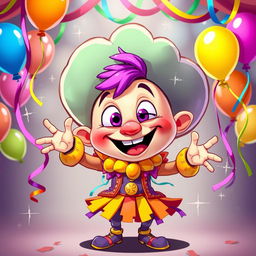 A whimsical cartoon character with a large exaggerated head and a playful expression, wearing a flamboyant costume full of vibrant colors, surrounded by a festive atmosphere with colorful streamers and balloons