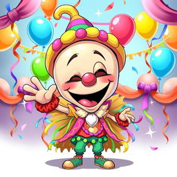 A whimsical cartoon character with a large exaggerated head and a playful expression, wearing a flamboyant costume full of vibrant colors, surrounded by a festive atmosphere with colorful streamers and balloons