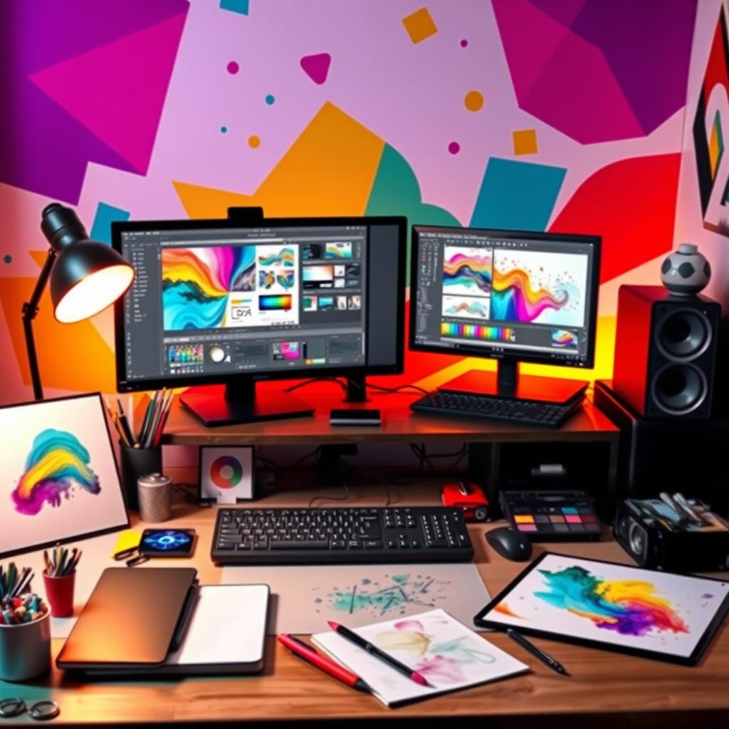 A vibrant and dynamic cover photo for a digital creator, showcasing an inspiring workspace filled with creative tools such as a high-end computer, graphic design software open on the screen, colorful artwork, sketchpads, and digital tablets