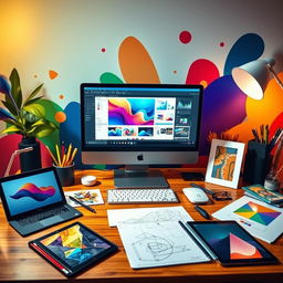 A vibrant and dynamic cover photo for a digital creator, showcasing an inspiring workspace filled with creative tools such as a high-end computer, graphic design software open on the screen, colorful artwork, sketchpads, and digital tablets