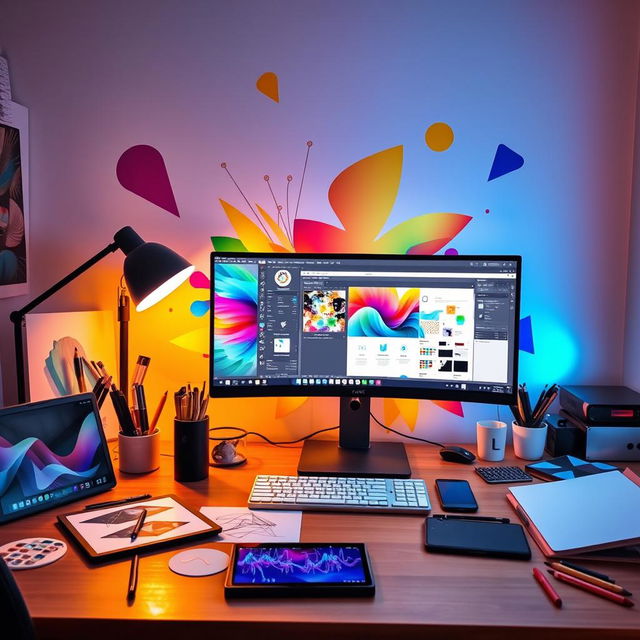 A vibrant and dynamic cover photo for a digital creator, showcasing an inspiring workspace filled with creative tools such as a high-end computer, graphic design software open on the screen, colorful artwork, sketchpads, and digital tablets