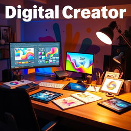 A vibrant and dynamic cover photo for a digital creator, showcasing an inspiring workspace filled with creative tools such as a high-end computer, graphic design software open on the screen, colorful artwork, sketchpads, and digital tablets