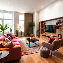 A spacious living room measuring 12 by 20 feet, featuring a large, comfortable sofa set positioned along one of the 12-foot walls