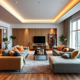 A spacious living room measuring 12 by 20 feet, featuring a large, comfortable sofa set positioned along one of the 12-foot walls