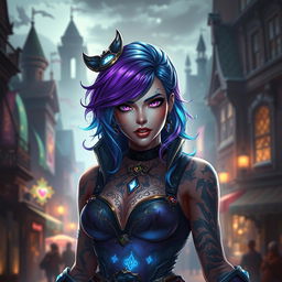 A stunning portrait of a character from Arcane, featuring a female champion with vibrant purple and blue hair, intricate tattoos glowing on her skin, and dressed in a stylish, detailed outfit inspired by the Steampunk aesthetic
