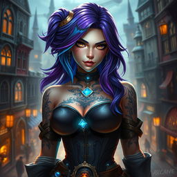 A stunning portrait of a character from Arcane, featuring a female champion with vibrant purple and blue hair, intricate tattoos glowing on her skin, and dressed in a stylish, detailed outfit inspired by the Steampunk aesthetic